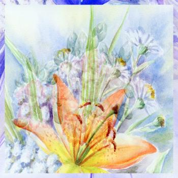 Picture, still-life, flowers, bouquet with a lily. Hand draw water colour on a paper