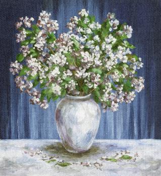 Picture Oil Painting on a Canvas, a Bouquet of Flowers Jasmine in a White Vase