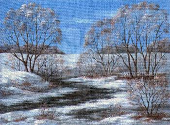 Picture, landscape, winter river.  hand-draw oil paints on a canvas