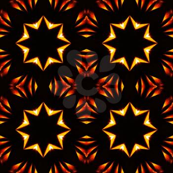 Abstract Seamless Pattern, Fiery Stars on a Black Background