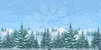 Seamless Horizontal Christmas Winter Forest Landscape with Firs Trees and Sky with Snow. Eps10, contains transparencies. Vector