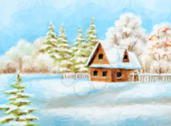 Winter Christmas Landscape, Rustic House on Snowy Forest Edge, Low Poly. Vector