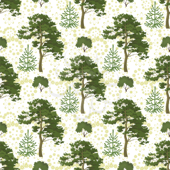 Seamless background, green summer forest with pine and fir trees, bushes and abstract floral pattern. Vector