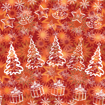 Holiday seamless pattern: Christmas trees, gift boxes, stars, bells and snowflakes. Vector