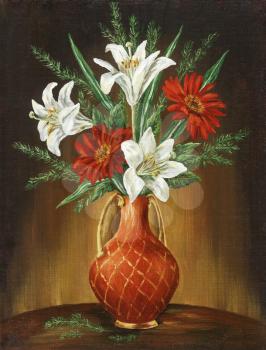 Picture oil paints on a canvas: Bouquet of camomiles and lilies in a red jug