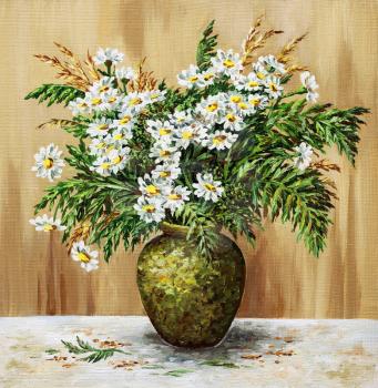 Bouquet of camomiles in a clay pot. Picture oil paints on a canvas