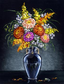 Picture oil paints on a canvas: a bouquet of asters in a glass vase