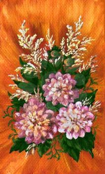 Picture oil paints on a canvas: a bouquet of dahlias, flowers and leaves