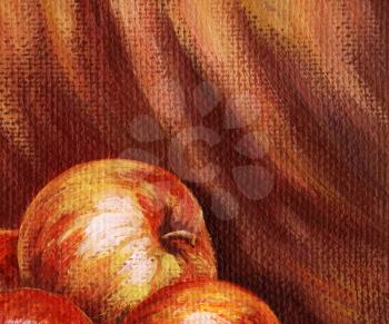 Picture, apples on the background of red cloth. Hand draw painting, oil paints on a canvas