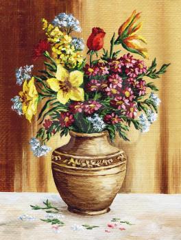 Picture hand-draw oil painting on canvas, garden flowers in a clay amphora