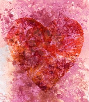 Abstract background, red valentine heart with leaves, watercolor