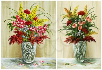 Flowers, bouquet of in a crystal vase. Picture oil paints on a canvas, set