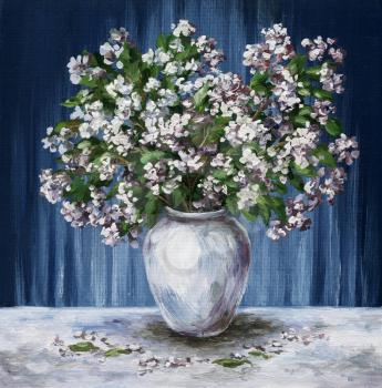 Picture oil paints on a canvas: a bouquet of jasmine in a white vase