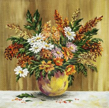 Picture oil paints on a canvas: bouquet of wild flowers in a clay pot