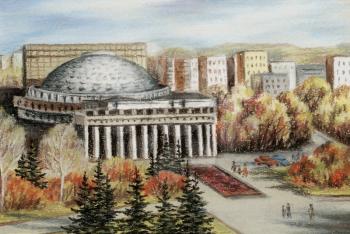 Drawing a pastel on a cardboard: the Opera and ballet theatre, Russia, Novosibirsk