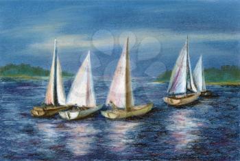Picture, landscape. Yachts float on the Obsky sea, Russia, Novosibirsk. Drawing pastel on a cardboard