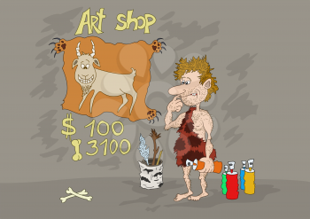 Cartoon: prehistoric man artist in a cave draws a funny goat. Vector
