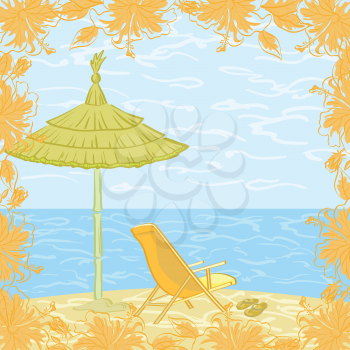 Sea beach with chairs, umbrellas and slippers and frame of hibiscus flowers. Vector