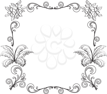 Abstract floral background, frame of flowers, black contour on white background. Vector