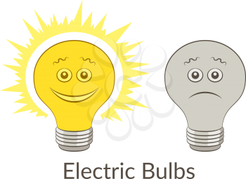 Cartoon Light Electric Bulbs, Glowing and Dark, Smiling and Sad Isolated On White Background. Vector