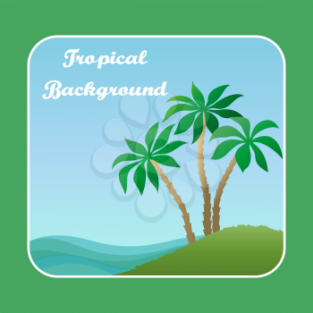 Exotic Landscape, Tropical Island with Green Palm Trees, Sky and Blue Sea with Waves. Vector