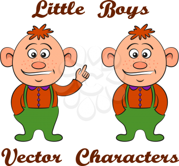 Little Baby Boy with Red Hair, Cartoon Character in Two Versions, with Hands in Pockets and with Pointing Finger, Isolated on White Background. Vector