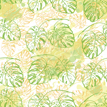 Seamless exotic background, contour monstera plants leaves and abstract pattern. Vector