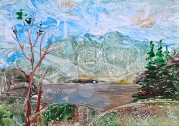 Picture, Oil Painting Symbolical Landscape, Mountain, Lake and Trees