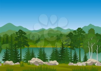 Seamless Horizontal Summer Mountain Landscape with Blue River or Lake, Pine, Birch and Fir Trees, Green Grass and Yellow Flower on the Stone Rocks. Vector