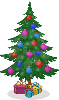 Holiday Cartoon Christmas Tree with Snowflakes, Decoration and Gift Boxes. Vector
