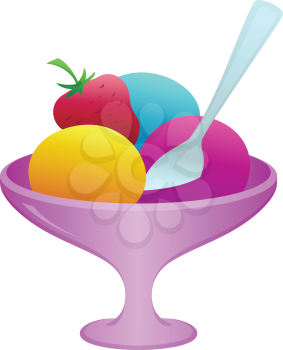 Sweet dessert, ice cream and fruit in a vase with a spoon, vector, isolated