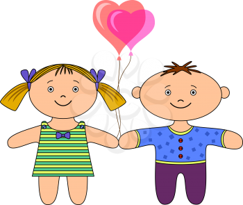 Toys, ragdolls, boy and girl with valentine heart balloon, vector