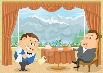 Respectable man sitting in a restaurant with Mountain View near the table while waiter with a bow gives him menu, funny cartoon illustration. Vector