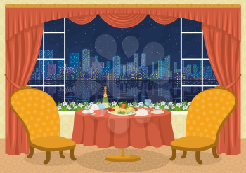 Restaurant background with two chairs and dining table with plates, napkins, glasses, champagne bottle and potato dish on a platter in front of the window with view of big night city, cartoon illustra