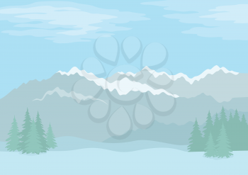 Background landscape with far mountains and blue sky with clouds in the distance, fir trees and snowdrifts. Vector