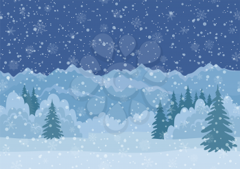 Seamless Horizontal Background, Christmas Holiday Landscape with Night Snowy Sky, Fir Trees, Snowdrifts and Far Mountains in the Distance. Eps10, Contains Transparencies. Vector