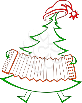 Christmas fir tree with accordion, symbolical holiday cartoon pictogram, isolated on white background. Vector