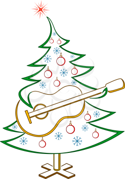 Christmas fir tree with guitar, symbolical holiday cartoon pictogram, isolated on white background. Vector