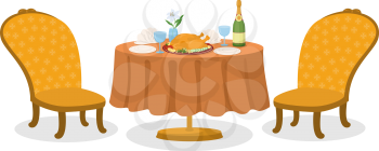 Delicious food on restaurant table, Thanksgiving roasted turkey, bottle of champagne, glasses, napkins, plates, two chairs isolated on white background. Vector