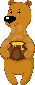 Cartoon Teddy Bear Stands Holding in Paws a Honey Pot. Vector