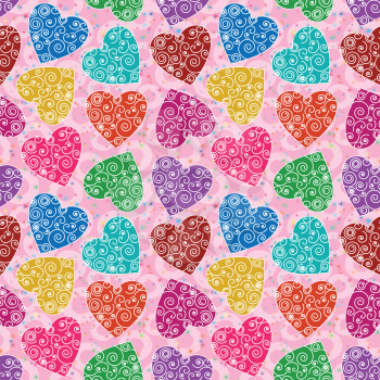 Valentine holiday seamless pattern with color hearts on pink background, stars and circles. Vector