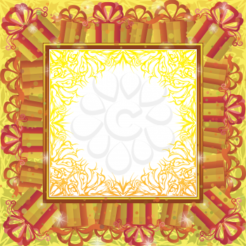 Holiday background with gift color boxes, symbolical pattern and frame. Eps10, contains transparencies. Vector
