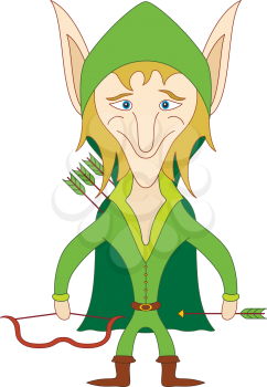 Elf archer standing with bow and arrows and smiling, funny comic cartoon character. Vector
