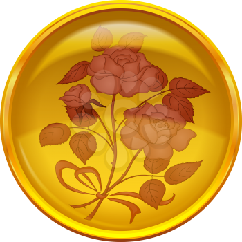 Icon, button with sign of flower bouquet, monochrome orange roses on a round yellow background. Eps10, contains transparencies. Vector