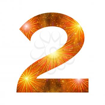 Mathematical sign, number two, stylized gold and orange holiday firework with stars and flares, element for web design. Eps10, contains transparencies. Vector