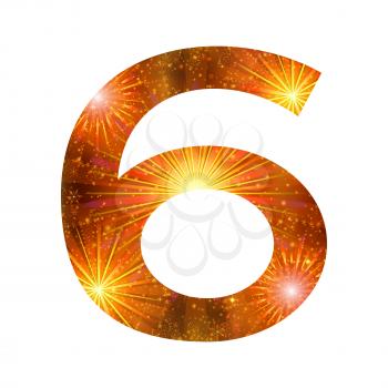Mathematical sign, number six, stylized gold and orange holiday firework with stars and flares, element for web design. Eps10, contains transparencies. Vector