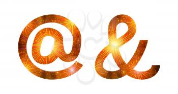 Set of signs commercial at, ampersand, stylized gold and orange holiday firework with stars and flares, elements for web design. Eps10, contains transparencies. Vector