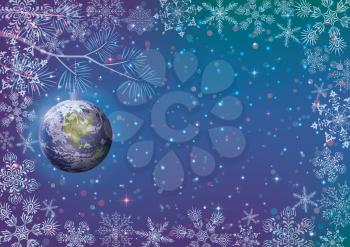 Christmas background for holiday design, snowflakes and planet Earth as a glass ball on dark blue sky. Elements of this image furnished by NASA (www.visibleearth.nasa.gov). Eps10, contains transparenc