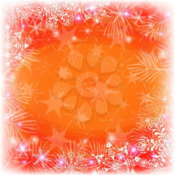 Red and orange Christmas background for holiday design with white snowflakes, pine branches and stars. Eps10, contains transparencies. Vector