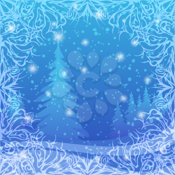 Christmas background for holiday design, winter snowy forest with fir tree, abstract pattern frame and white stars. Vector eps10, contains transparencies